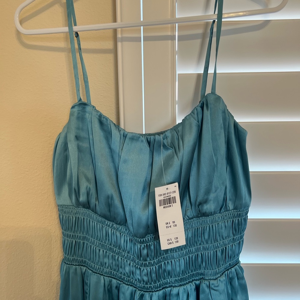 Abercrombie satin maxi dress. Beautiful aqua color, lined with side slit. NWT